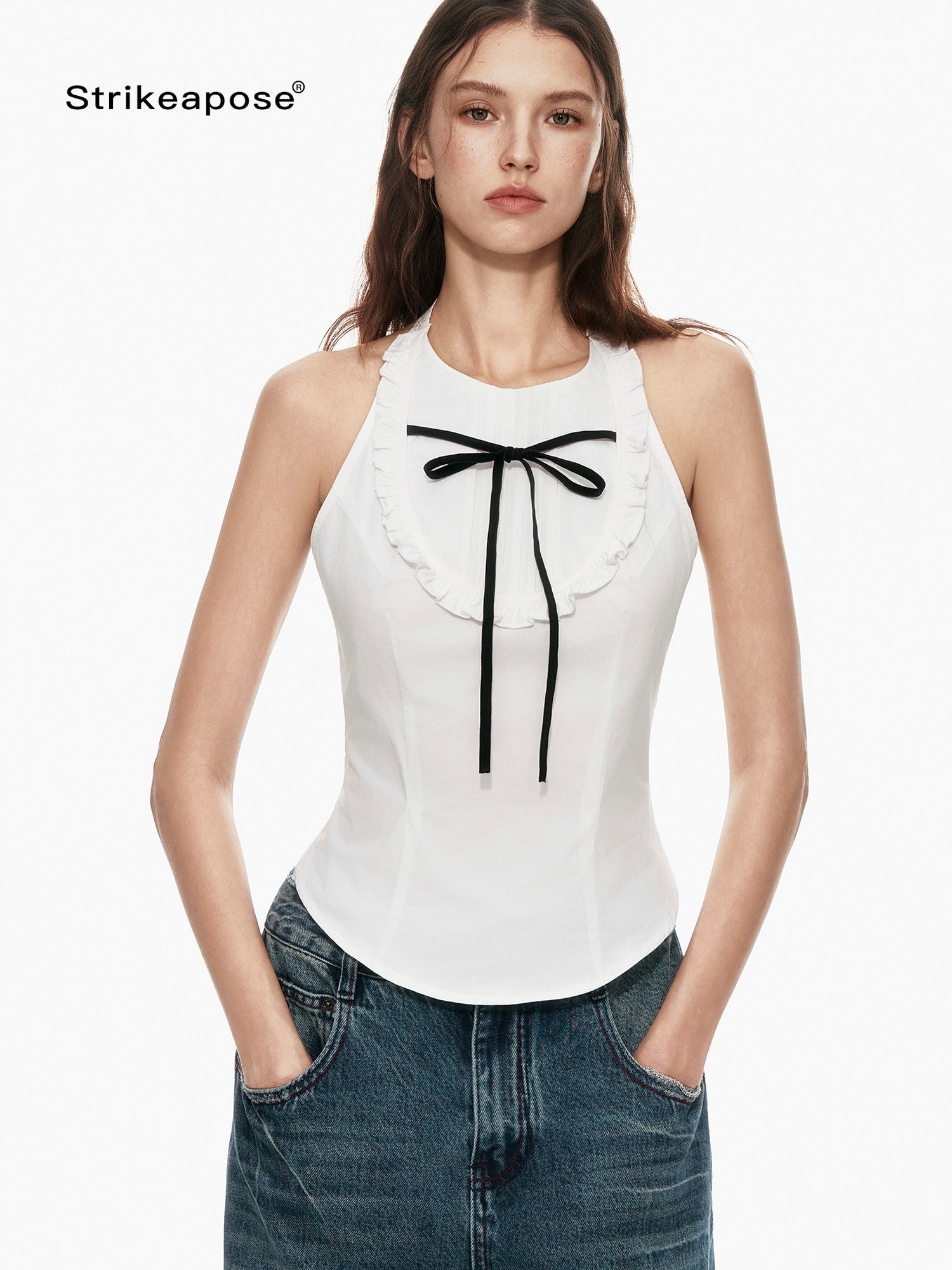 STRIKE A POSE Bow Tie Tucked Backless Cropped Slim Waist Women&