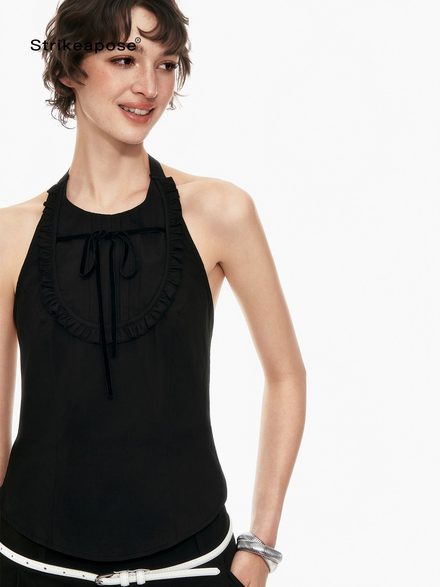 STRIKE A POSE Bow Tie Tucked Backless Cropped Slim Waist Women&