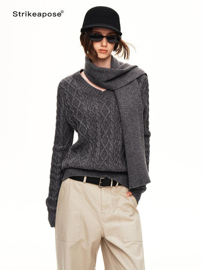 STRIKE A POSE Cable Knit Argyle V-neck Wool Blend Loose Fit Women&