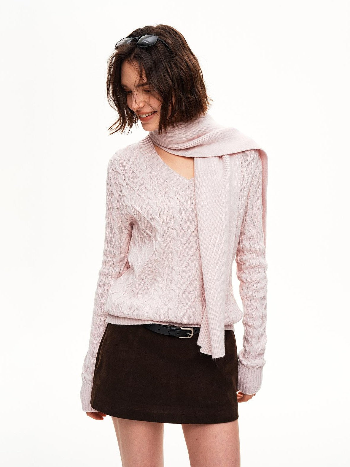 STRIKE A POSE Cable Knit Argyle V-neck Wool Blend Loose Fit Women&