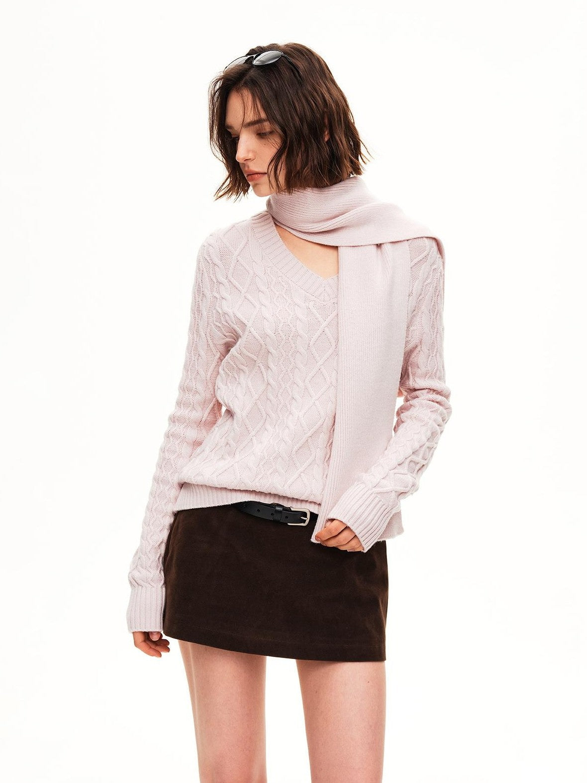 STRIKE A POSE Cable Knit Argyle V-neck Wool Blend Loose Fit Women&
