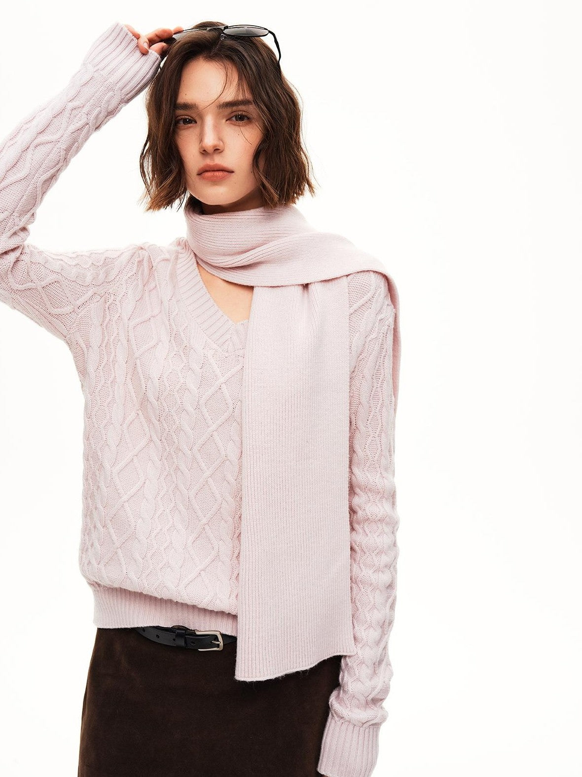 STRIKE A POSE Cable Knit Argyle V-neck Wool Blend Loose Fit Women&