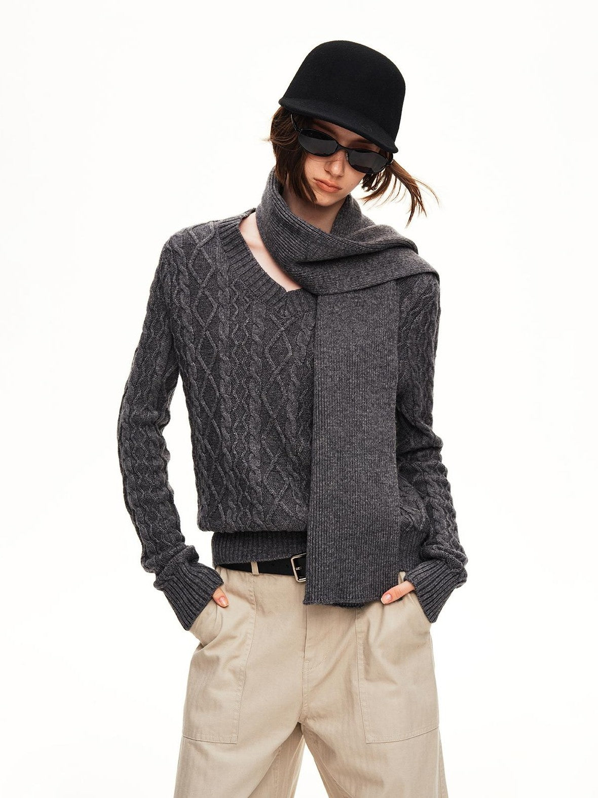 STRIKE A POSE Cable Knit Argyle V-neck Wool Blend Loose Fit Women&