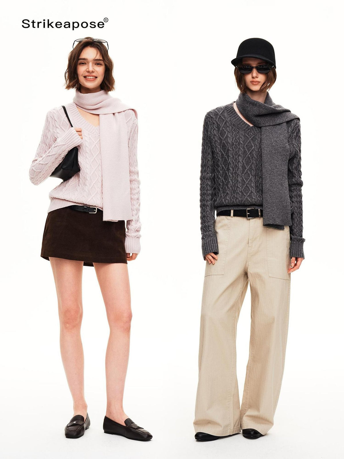 STRIKE A POSE Cable Knit Argyle V-neck Wool Blend Loose Fit Women&