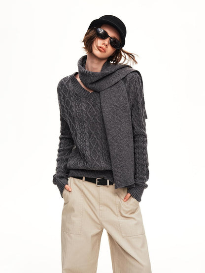 STRIKE A POSE Cable Knit Argyle V-neck Wool Blend Loose Fit Women&