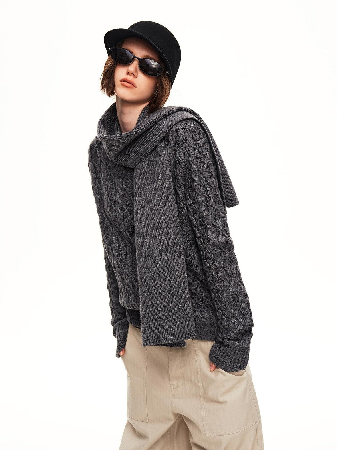 STRIKE A POSE Cable Knit Argyle V-neck Wool Blend Loose Fit Women&