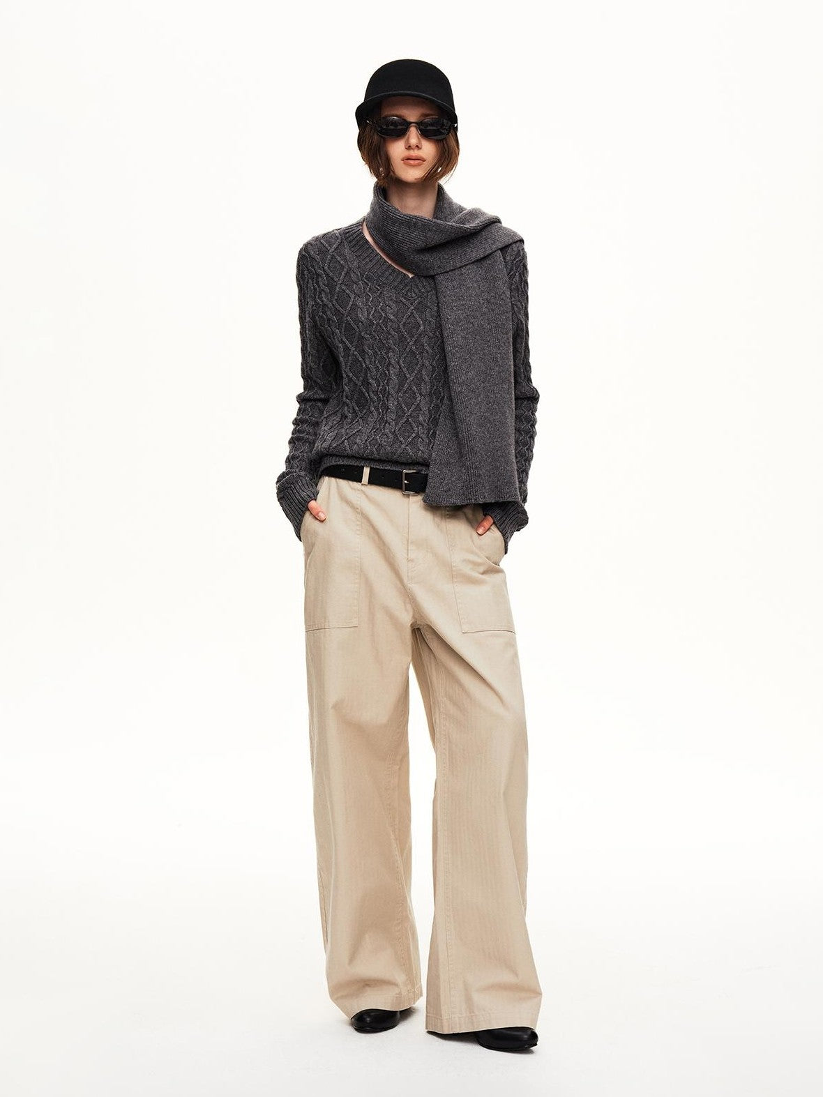 STRIKE A POSE Cable Knit Argyle V-neck Wool Blend Loose Fit Women&