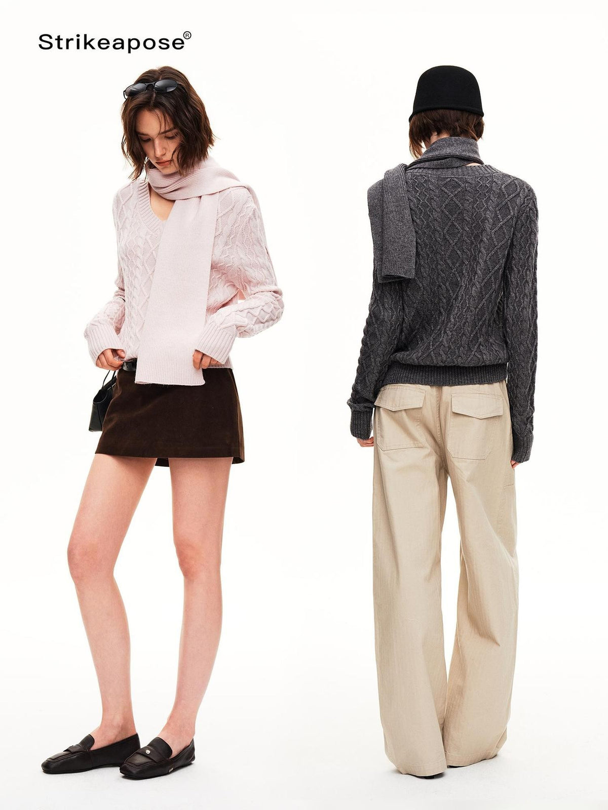 STRIKE A POSE Cable Knit Argyle V-neck Wool Blend Loose Fit Women&
