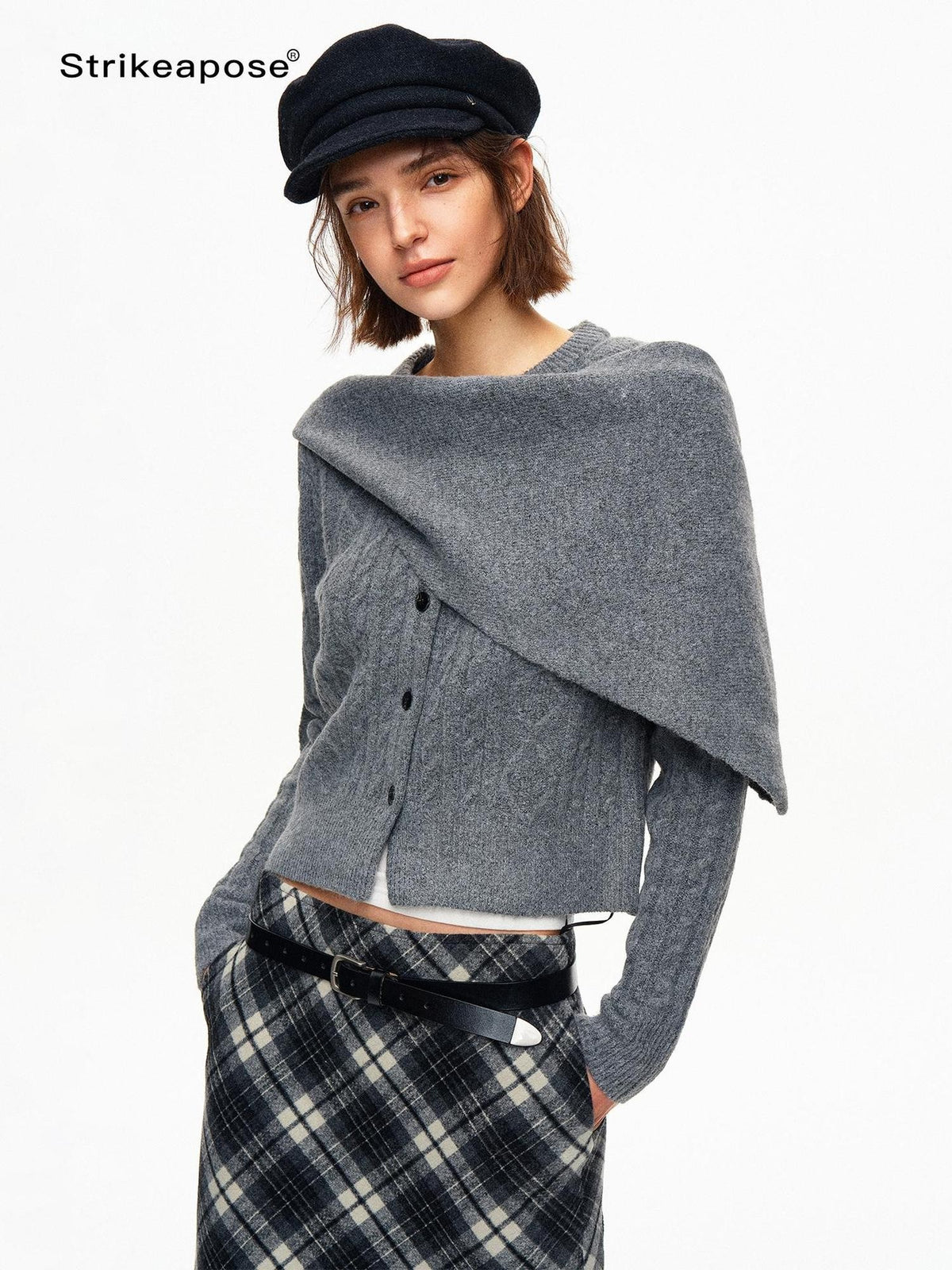 STRIKE A POSE Cable Knit Asymmetric Drape Collar Slim Fit Cropped Women&
