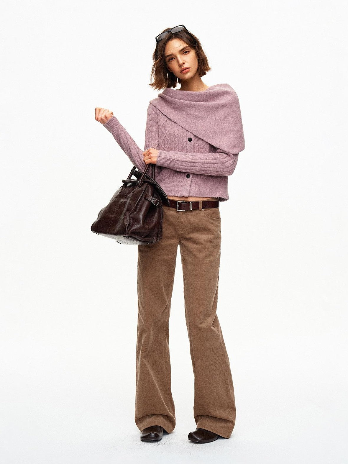STRIKE A POSE Cable Knit Asymmetric Drape Collar Slim Fit Cropped Women&