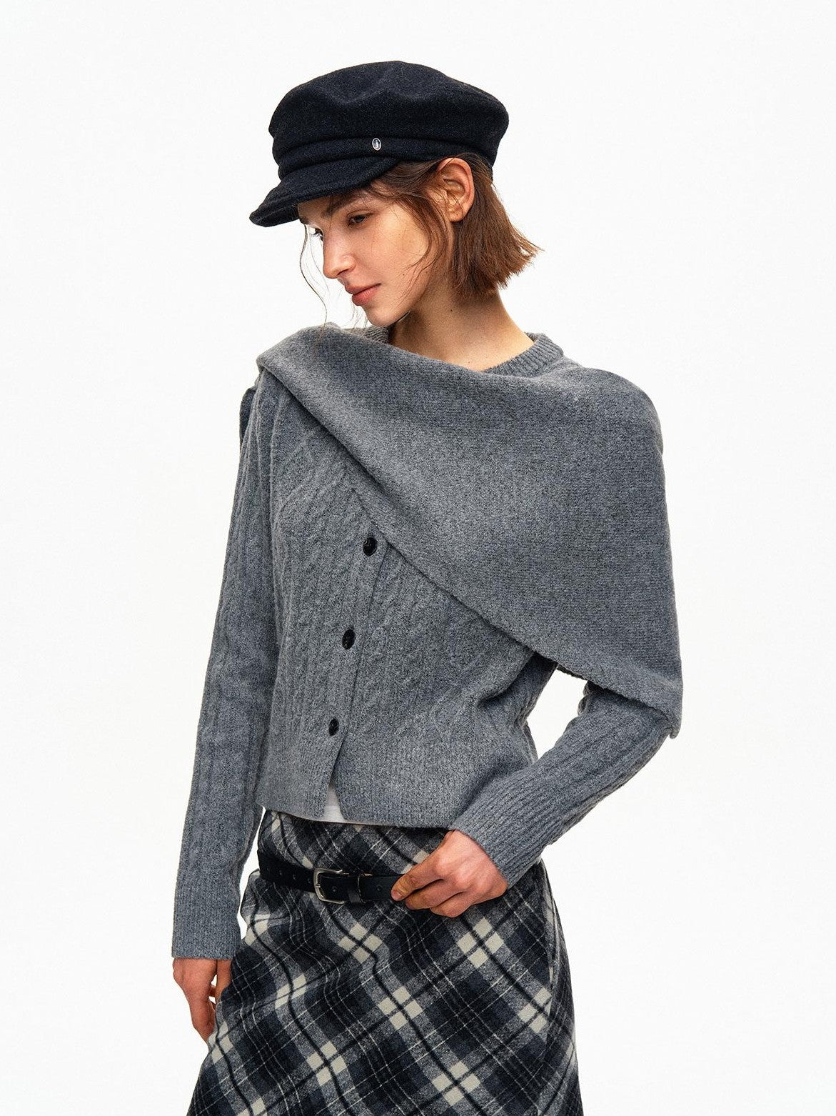 STRIKE A POSE Cable Knit Asymmetric Drape Collar Slim Fit Cropped Women&
