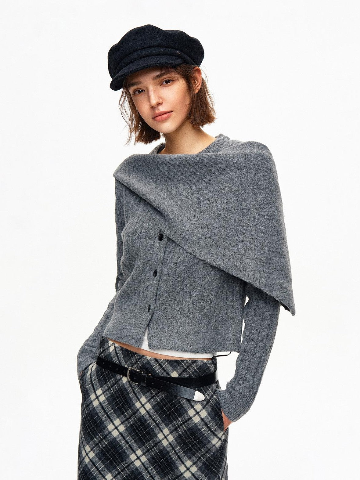 STRIKE A POSE Cable Knit Asymmetric Drape Collar Slim Fit Cropped Women&