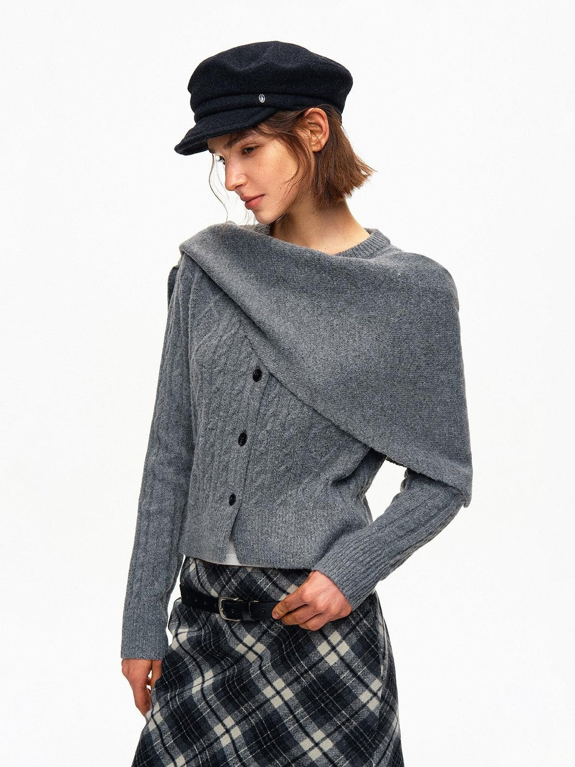 STRIKE A POSE Cable Knit Asymmetric Drape Collar Slim Fit Cropped Women&