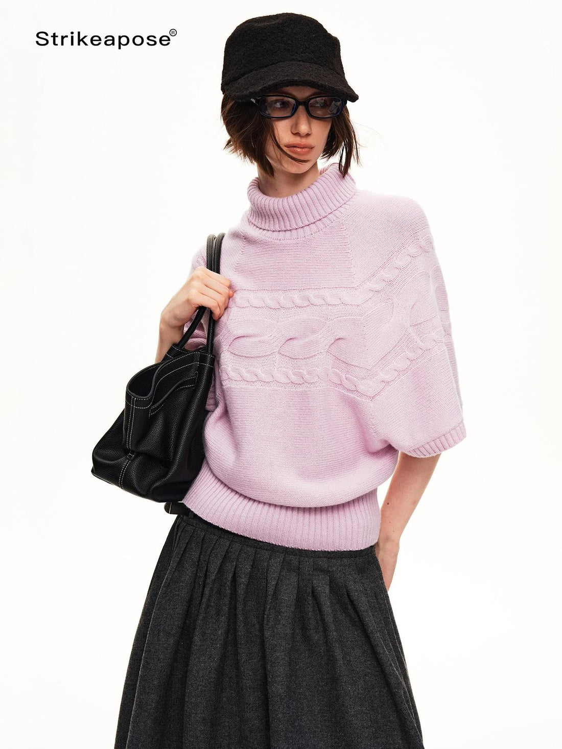 STRIKE A POSE Cable Knit Jacquard Loose Fit Short Sleeve Women&