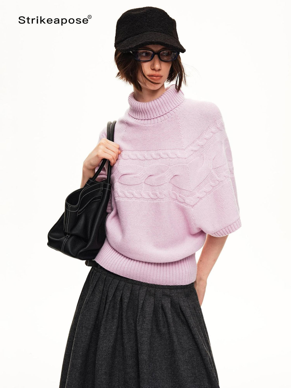 STRIKE A POSE Cable Knit Jacquard Loose Fit Short Sleeve Women&