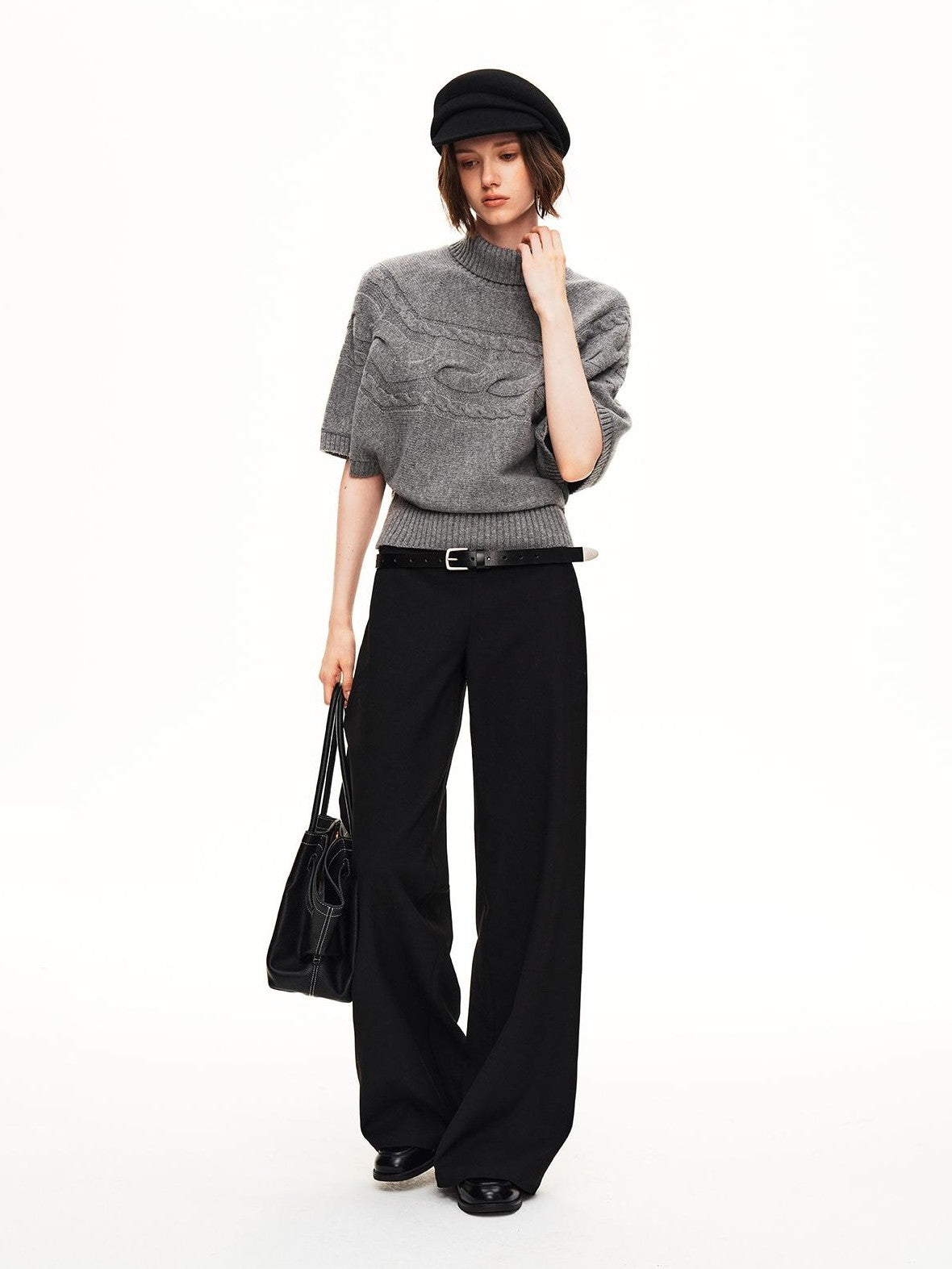 STRIKE A POSE Cable Knit Jacquard Loose Fit Short Sleeve Women&