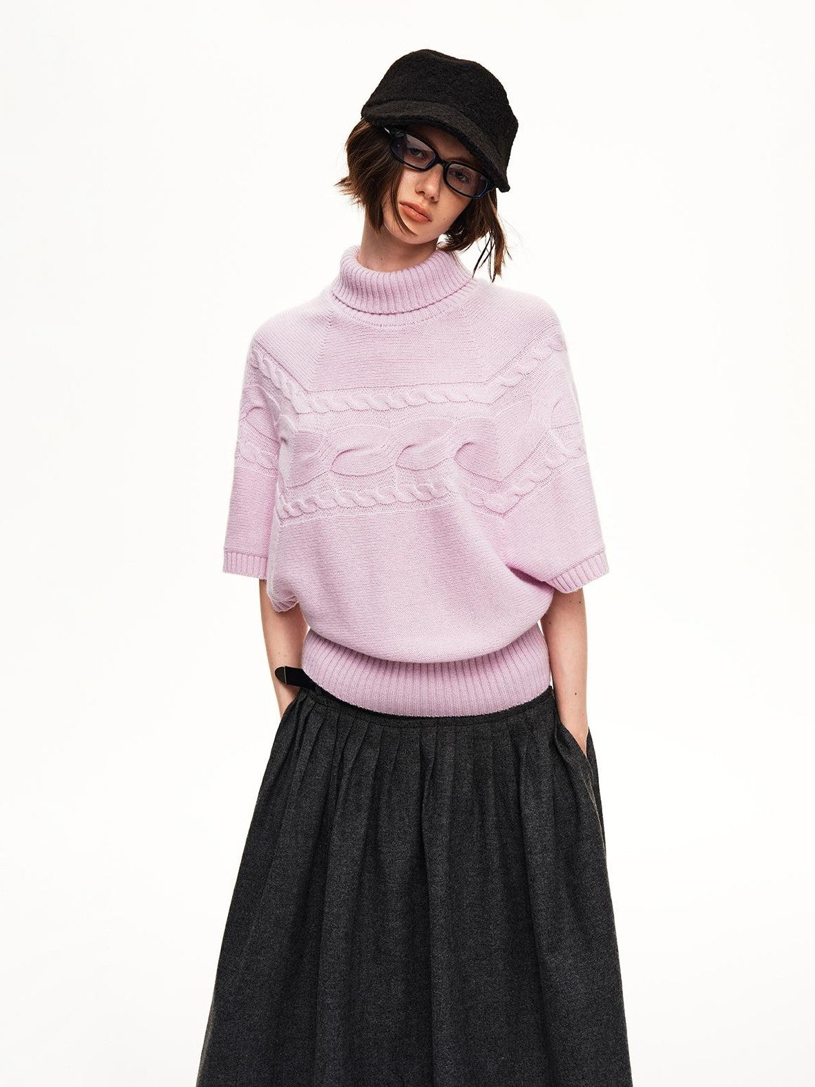 STRIKE A POSE Cable Knit Jacquard Loose Fit Short Sleeve Women&
