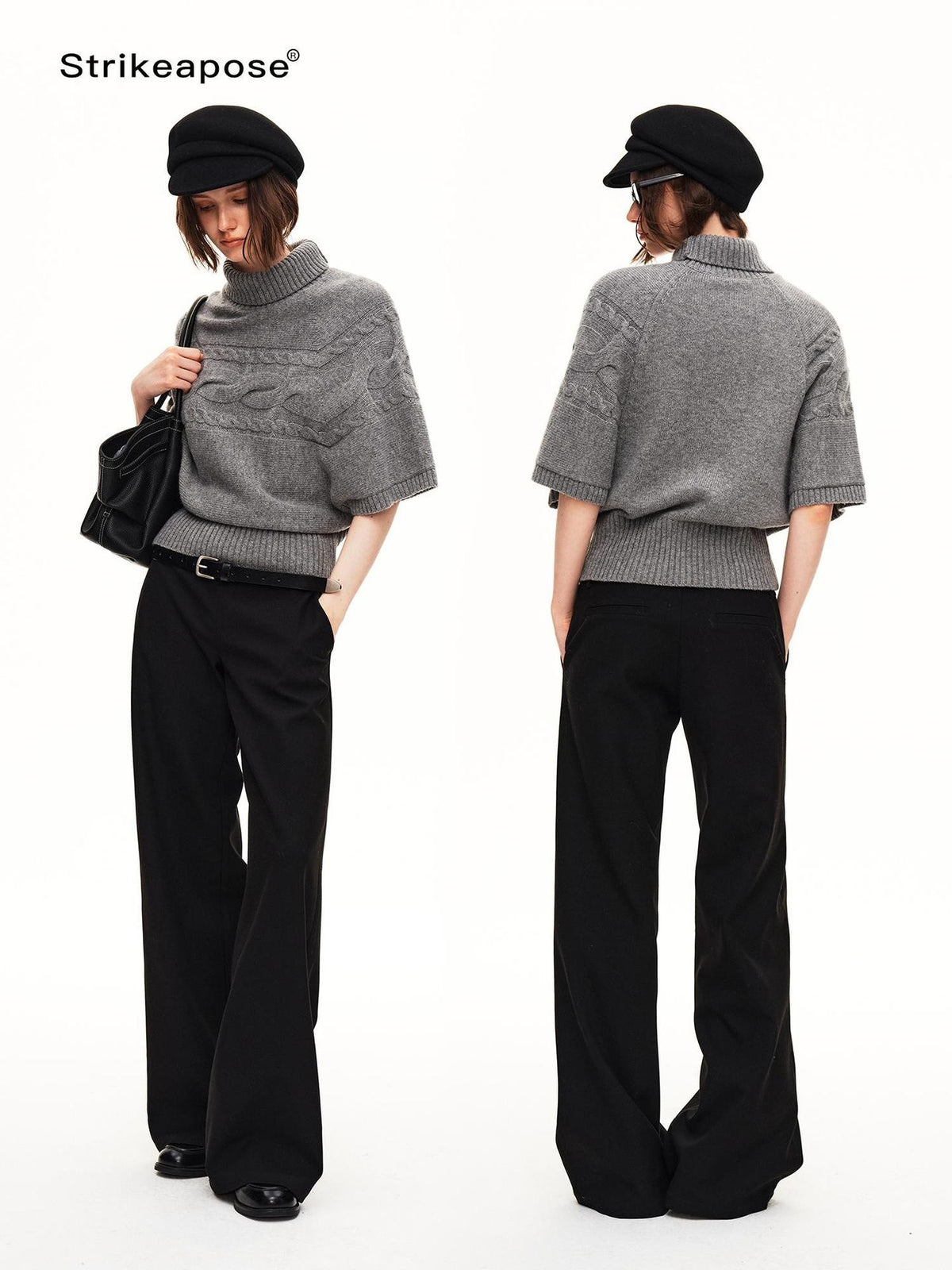 STRIKE A POSE Cable Knit Jacquard Loose Fit Short Sleeve Women&