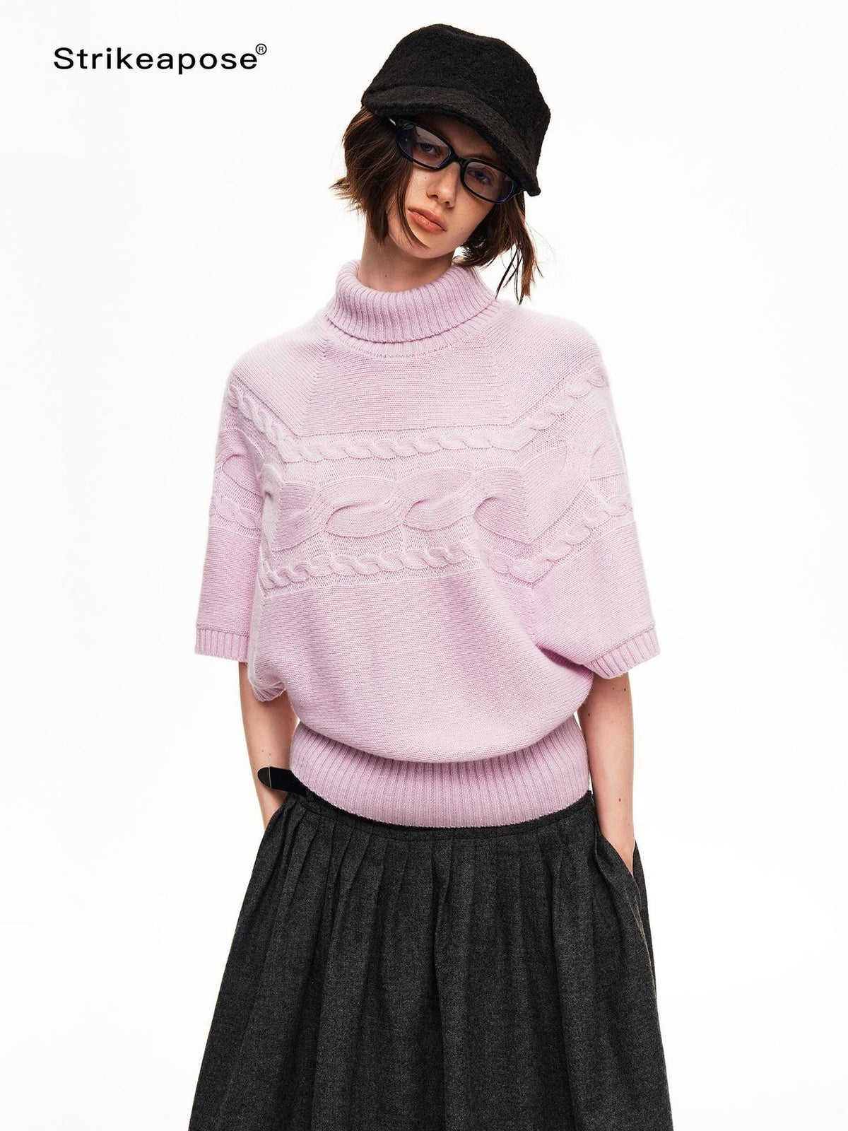 STRIKE A POSE Cable Knit Jacquard Loose Fit Short Sleeve Women&