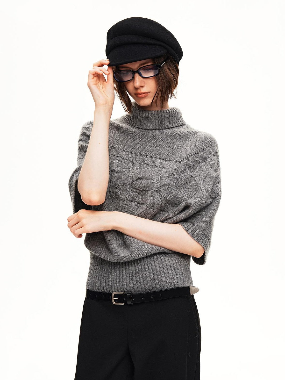 STRIKE A POSE Cable Knit Jacquard Loose Fit Short Sleeve Women&