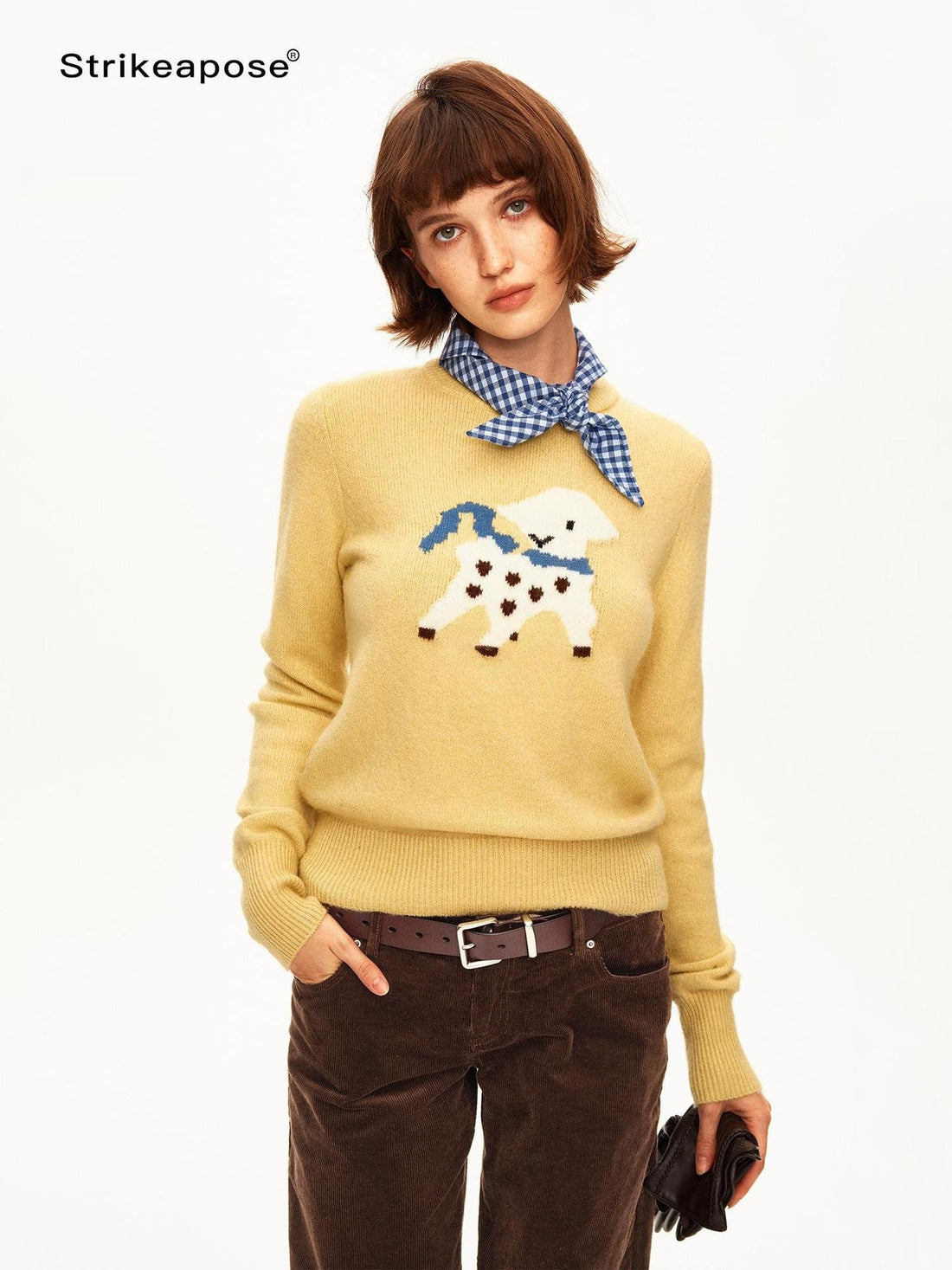 STRIKE A POSE Cartoon Jacquard Crewneck Ribbed Cuff Women&