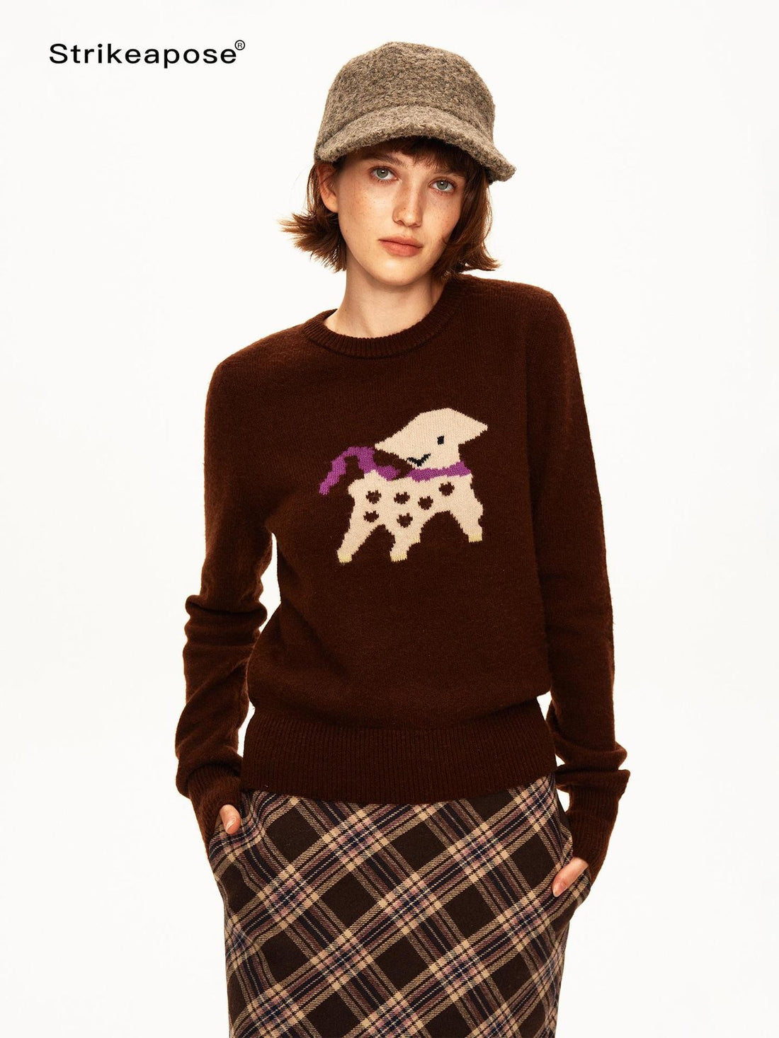 STRIKE A POSE Cartoon Jacquard Crewneck Ribbed Cuff Women&