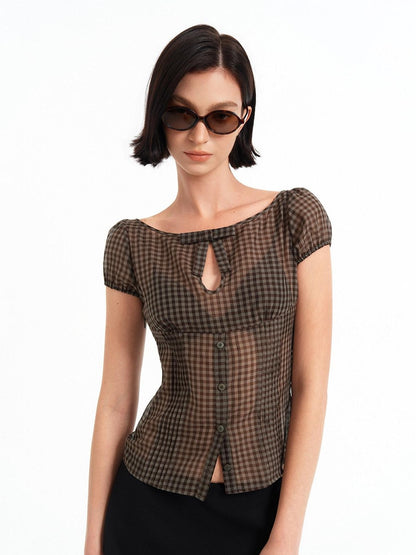 STRIKE A POSE Checked Cutout Bow Square Neck Women&