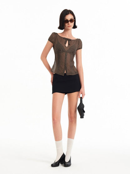 STRIKE A POSE Checked Cutout Bow Square Neck Women&