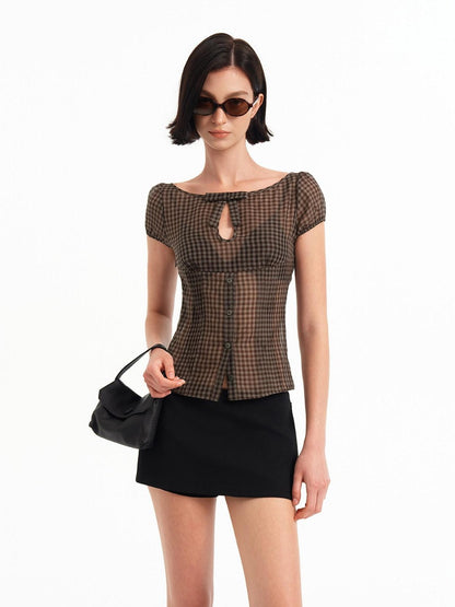 STRIKE A POSE Checked Cutout Bow Square Neck Women&