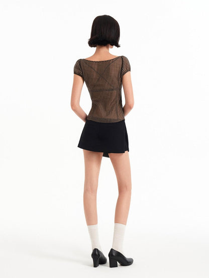 STRIKE A POSE Checked Cutout Bow Square Neck Women&