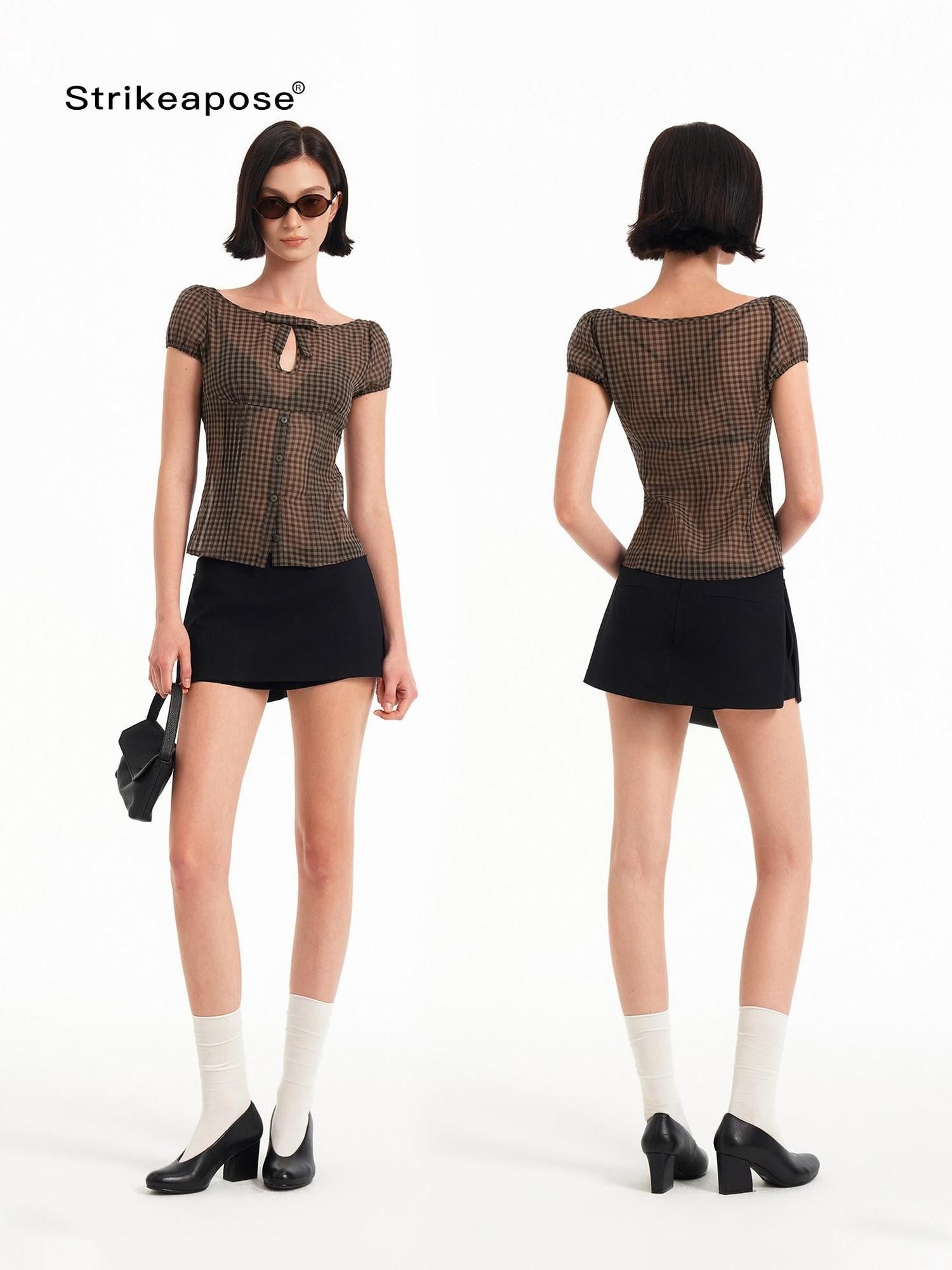 STRIKE A POSE Checked Cutout Bow Square Neck Women&