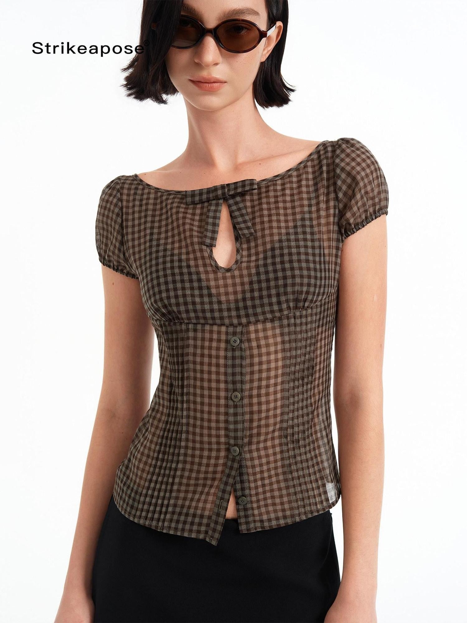 STRIKE A POSE Checked Cutout Bow Square Neck Women&