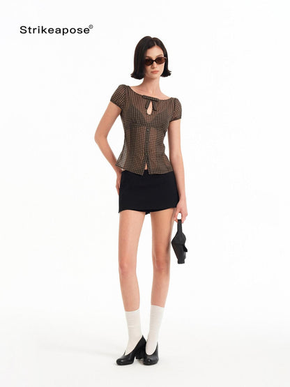 STRIKE A POSE Checked Cutout Bow Square Neck Women&