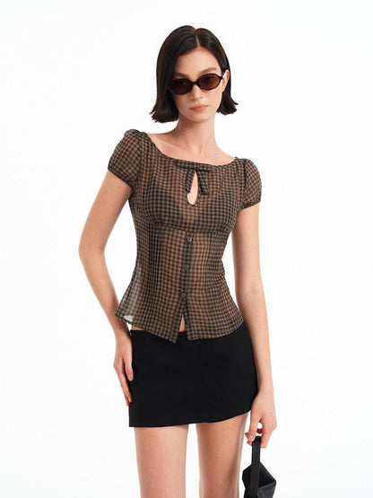 STRIKE A POSE Checked Cutout Bow Square Neck Women&