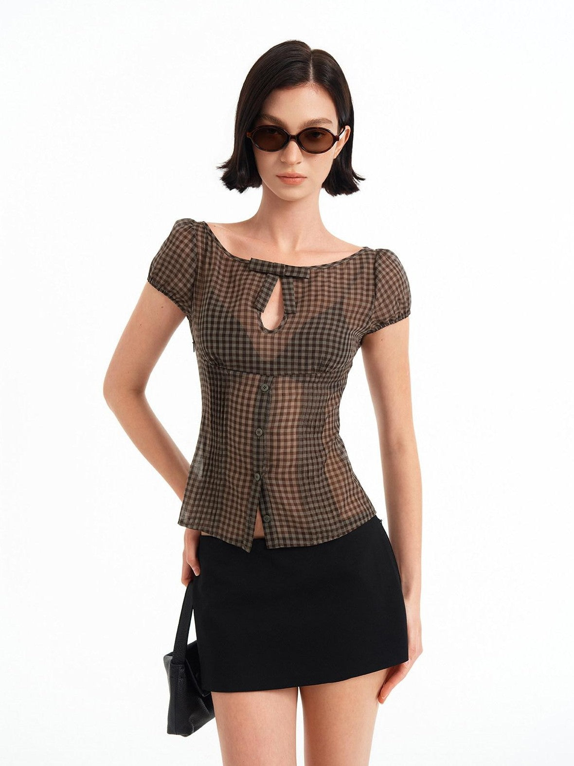 STRIKE A POSE Checked Cutout Bow Square Neck Women&