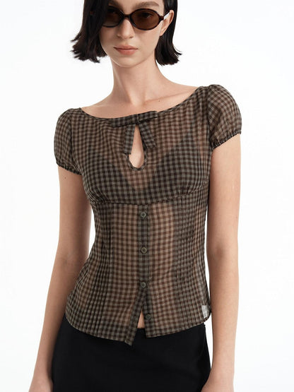 STRIKE A POSE Checked Cutout Bow Square Neck Women&
