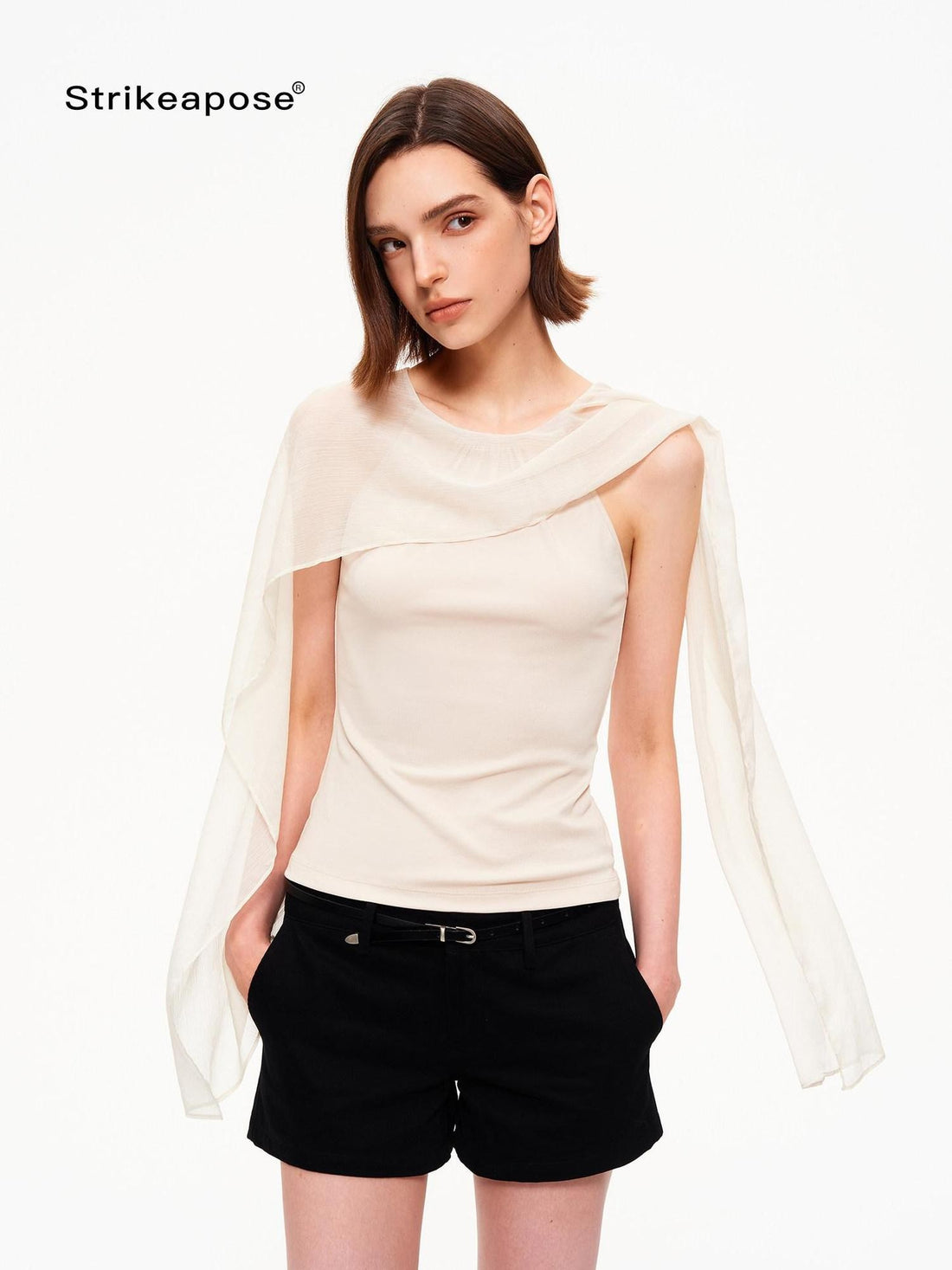 STRIKE A POSE Chiffon Shawl Pleated Neck Halter Knit Women&