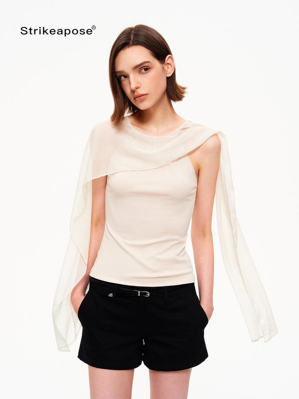 Chiffon Shawl Pleated Neck Halter Knit Women's Lyocell Cotton Blend Tank Tops