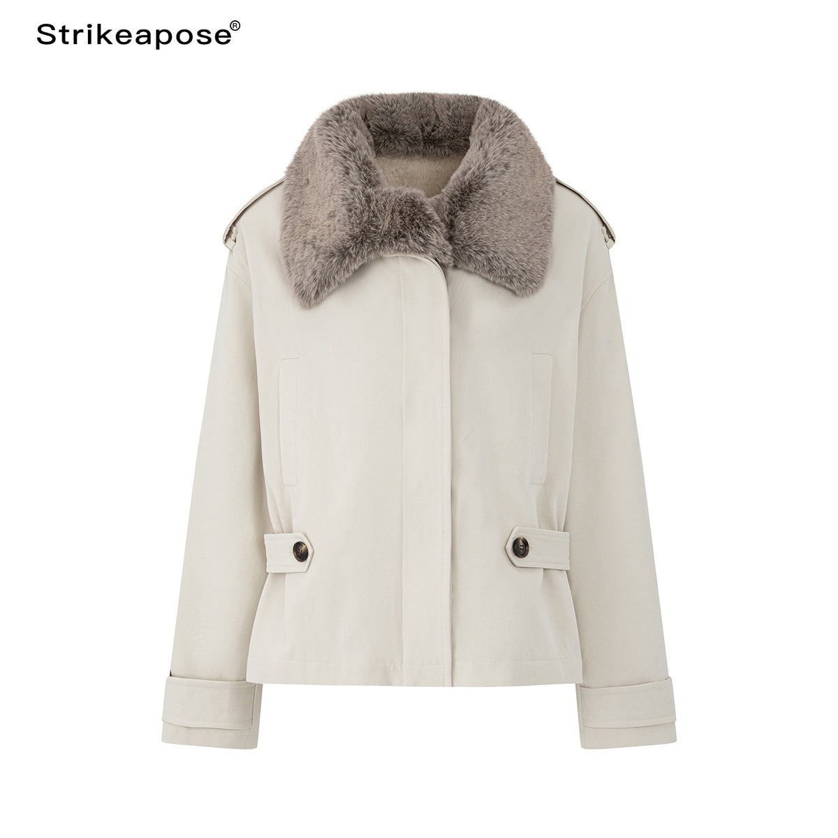 STRIKE_A_POSE_Color_Block_Detachable_Faux_Fur_Collar_Cotton_Women&