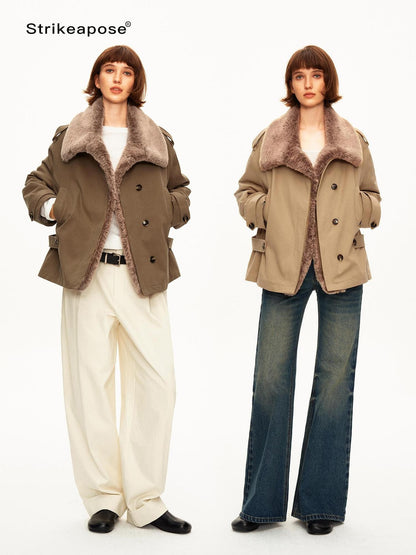 STRIKE A POSE Color Block Detachable Faux Fur Collar Cotton Women&