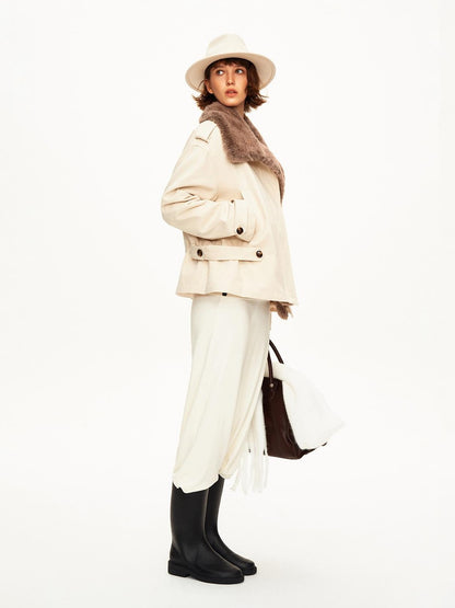 STRIKE A POSE Color Block Detachable Faux Fur Collar Cotton Women&