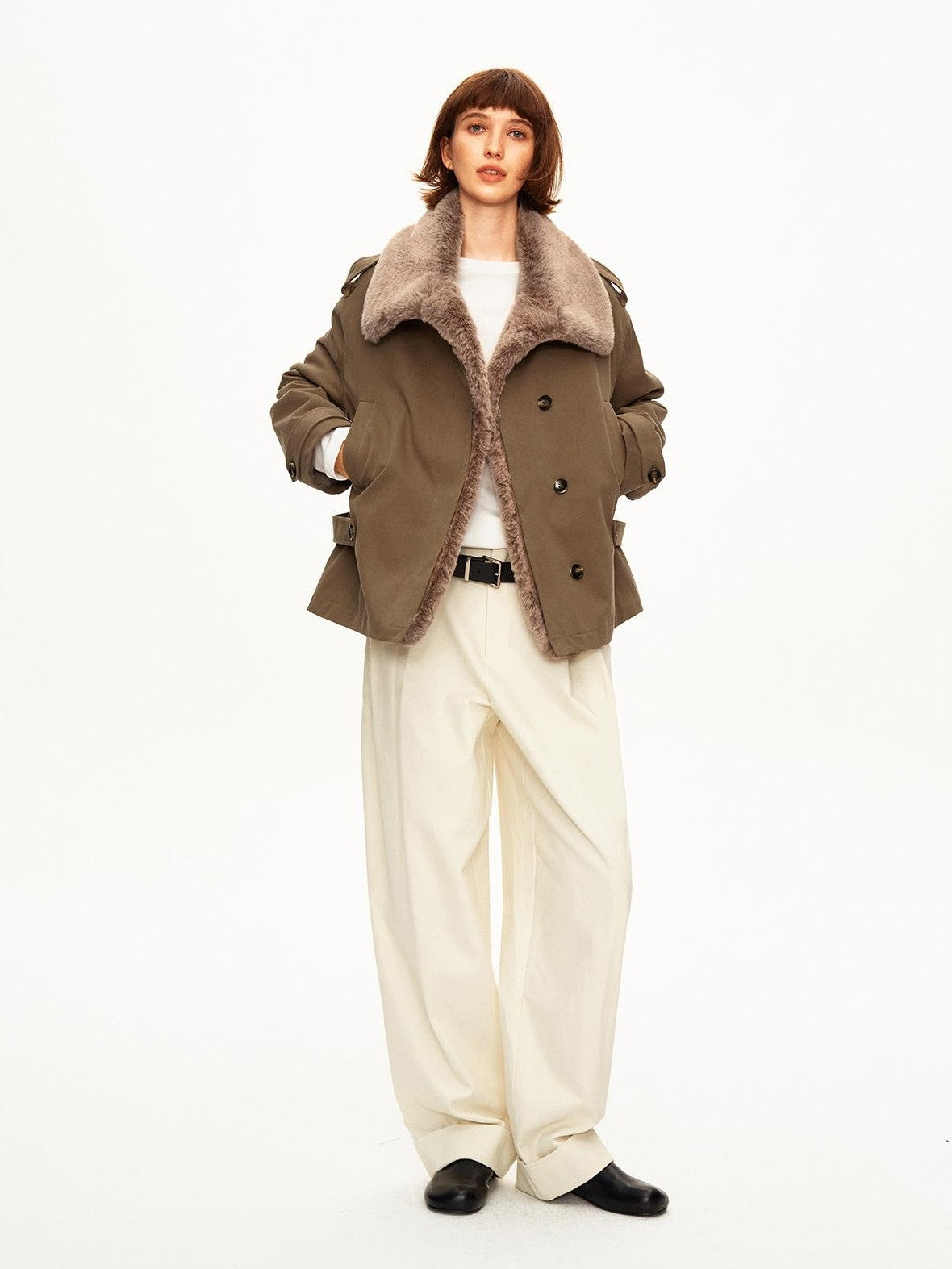 STRIKE A POSE Color Block Detachable Faux Fur Collar Cotton Women&