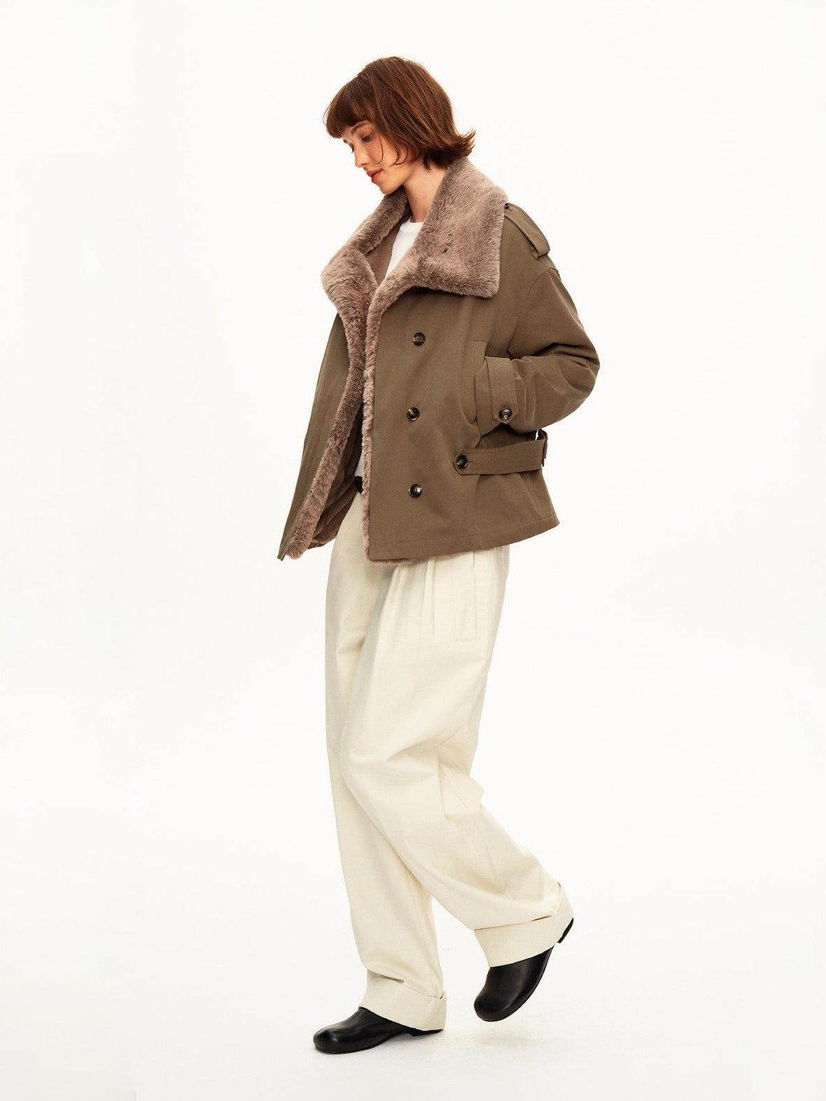 STRIKE A POSE Color Block Detachable Faux Fur Collar Cotton Women&