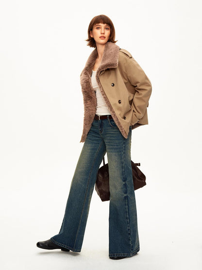 STRIKE A POSE Color Block Detachable Faux Fur Collar Cotton Women&
