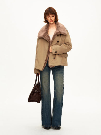 STRIKE A POSE Color Block Detachable Faux Fur Collar Cotton Women&