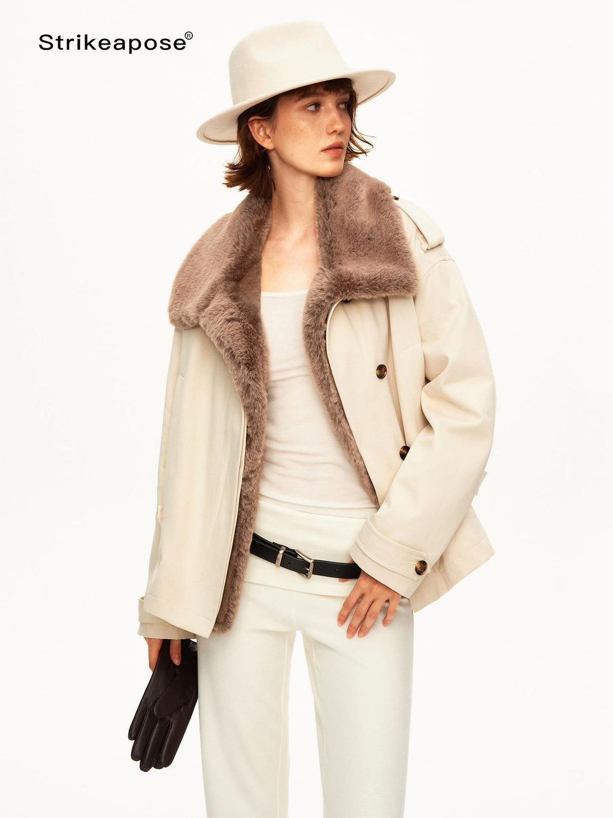 STRIKE A POSE Color Block Detachable Faux Fur Collar Cotton Women&