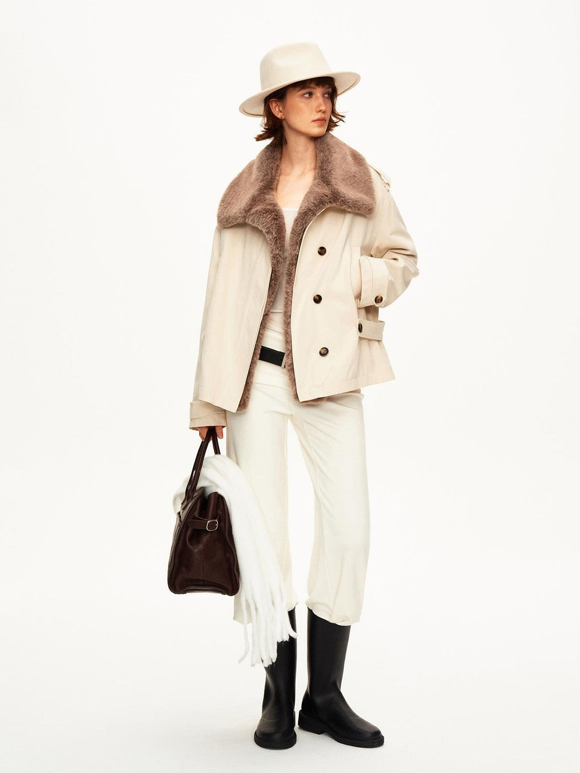 STRIKE A POSE Color Block Detachable Faux Fur Collar Cotton Women&