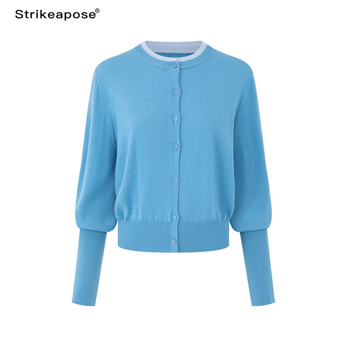 STRIKE_A_POSE_Color_Block_Faux_Layered_Crewneck_Puff_Sleeve_Cardigan_Knit_Women&