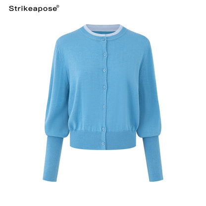 STRIKE_A_POSE_Color_Block_Faux_Layered_Crewneck_Puff_Sleeve_Cardigan_Knit_Women&