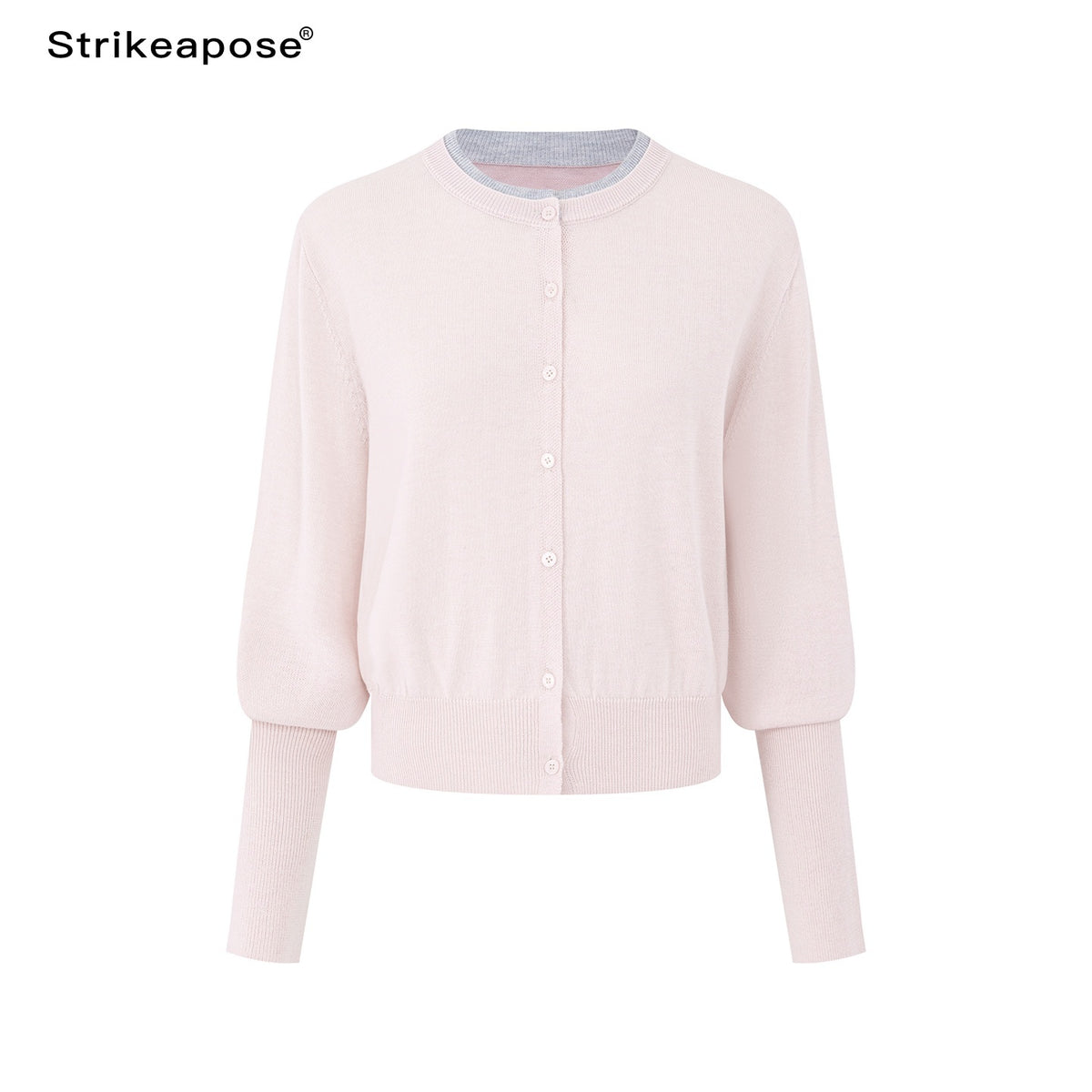 STRIKE_A_POSE_Color_Block_Faux_Layered_Crewneck_Puff_Sleeve_Cardigan_Knit_Women&